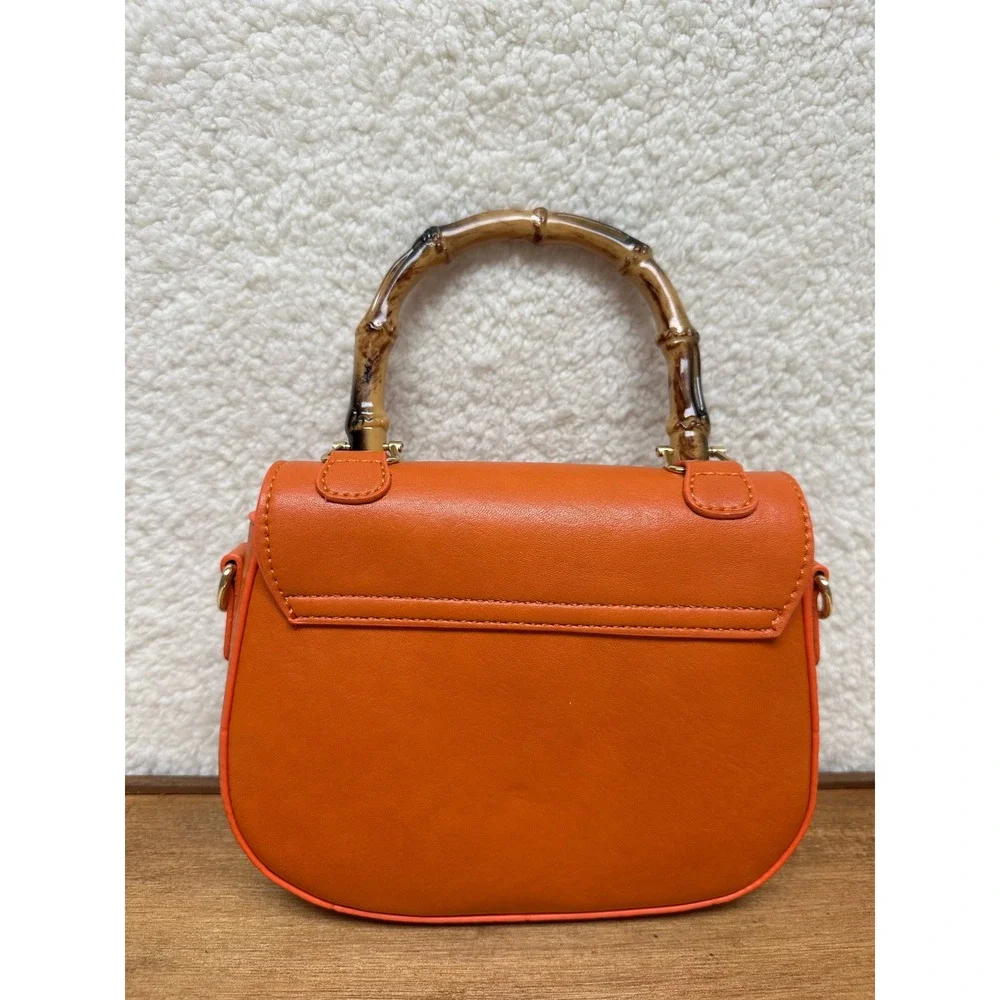 Top Handle Crossbody Purse‎ Bag Orange Faux Bamboo Handle Faux Leather Shoulder